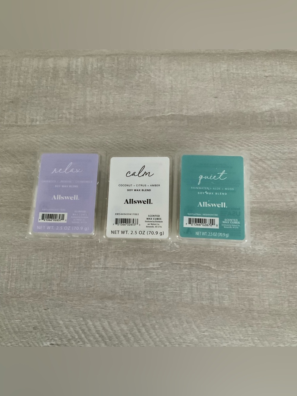 Relax, Calm, and Quiet wax melt cubes by Allswell.